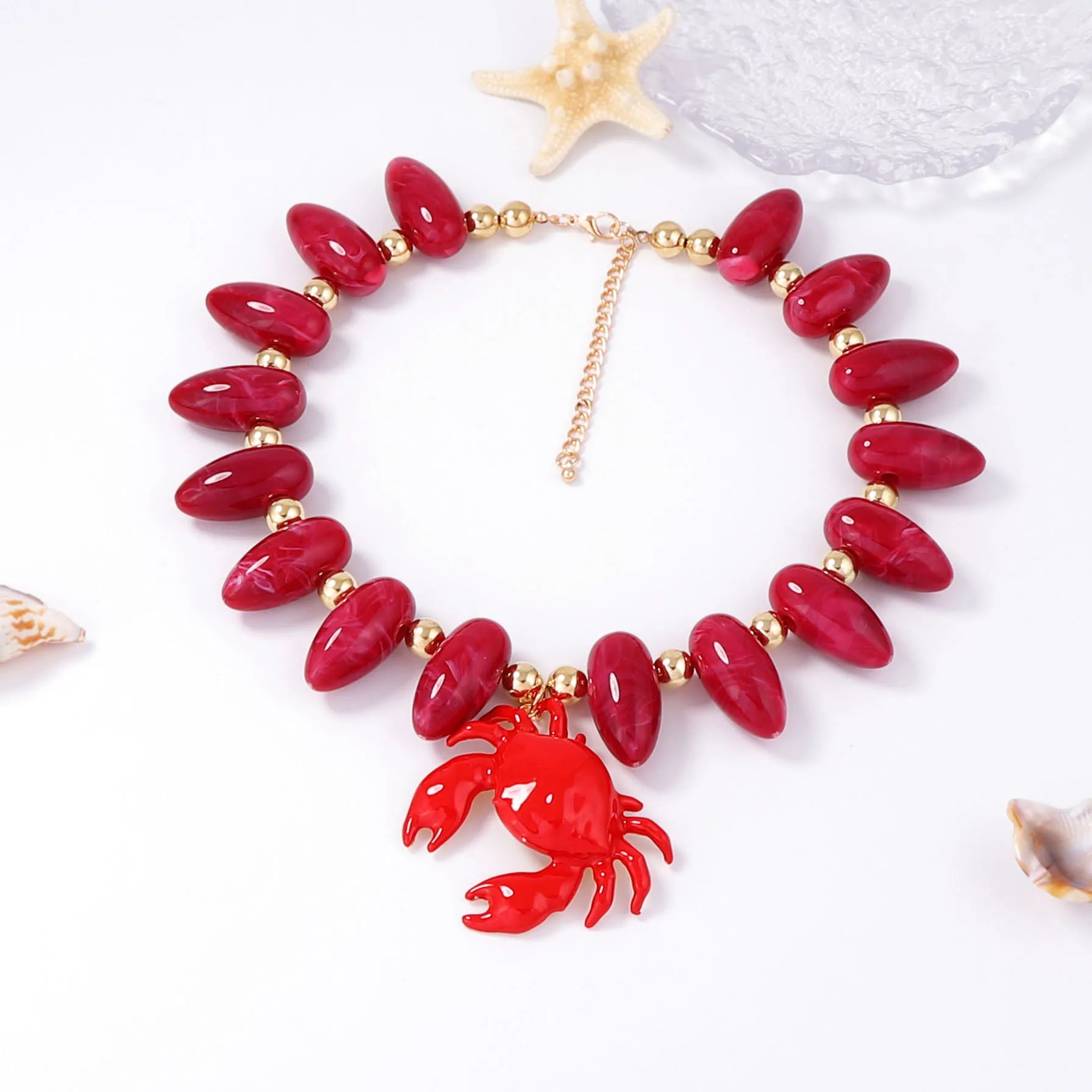 Exaggerated Leisure Vacation Style Bead Alloy Crab Pendant Necklace