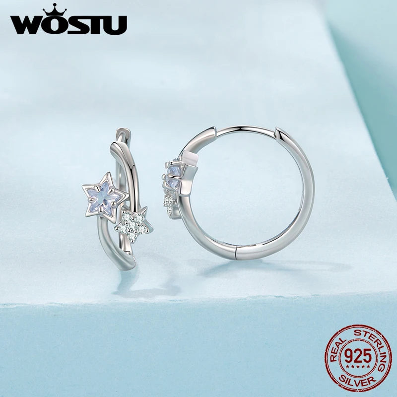 WOSTU 925 Sterling Silver Double Star Shiny Zircon Hoop Earrings For Women , Valentine Jewelry Gift Daily Praty Wear Jewelry Gif