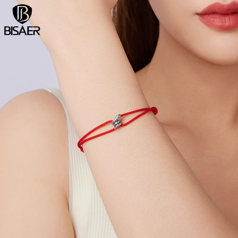 BISAER 925 Sterling Silver Red Viper Bracelet Snake Cotton Rope Adjustable Chain for Women Charms Beads DIY Fine Jewelry Gift