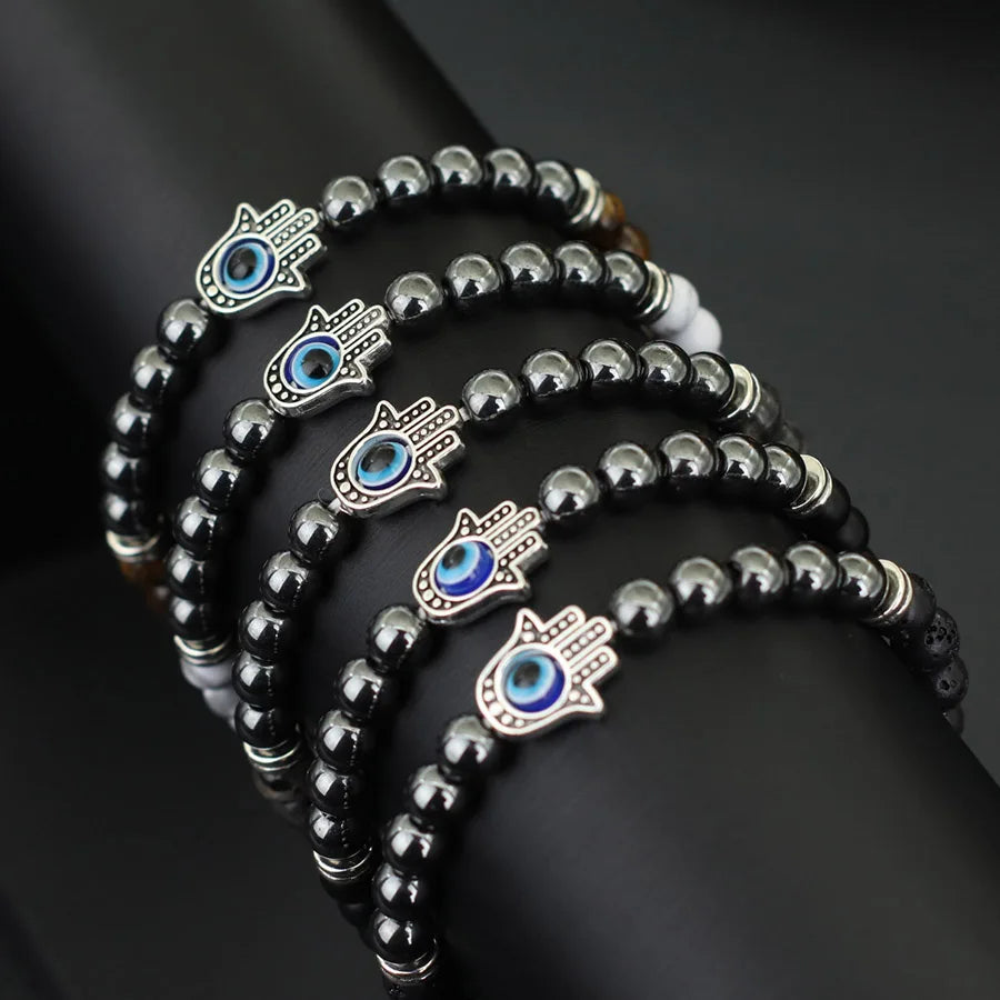 Turkey Evil Eyes Bracelet Men Handmade Fatima Hand Braslet Natural Hematite Stone Healing Braclet Pulseria Homme Lava Brazalete