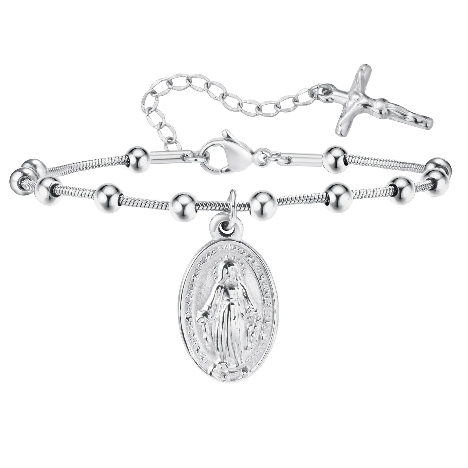 Vnox Rosary Bracelet for Women Girls, Gold Plated Stainless Steel Religious Cross and Virgin Mary Prayer Bracelets Gifts