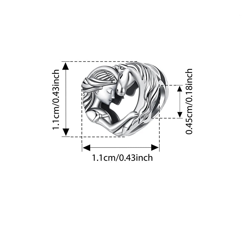 BAMOER 925 Sterling Silber Doppelpferde-Knotenperlen Retro-Herzanhänger für Damen Halskette DIY Schmuckzubehör