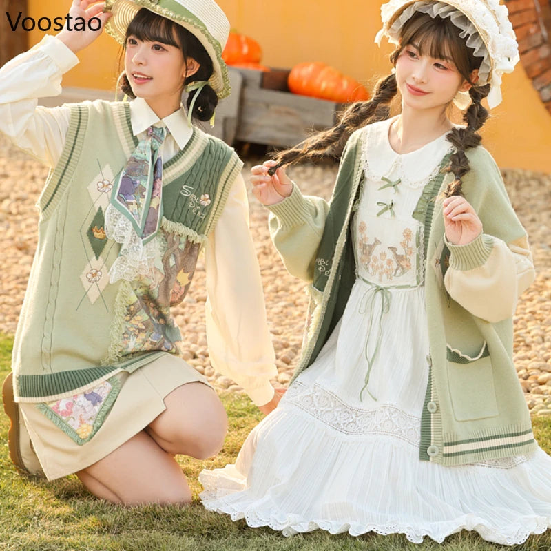 Mori Girl Style Sweet Knitted Cardigan Women Kawaii Cartoon Oil Painting Print Sweater Coat Harajuku Cute Knitwear Pullover Tops - Madeinsea©