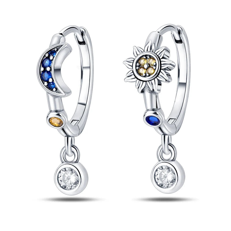 Classic Earrings 925 Silver Zircon Shiny Stars Moon Warm Sun Double Hoop Earrings For Women Original Birthday Party Jewelry Gift