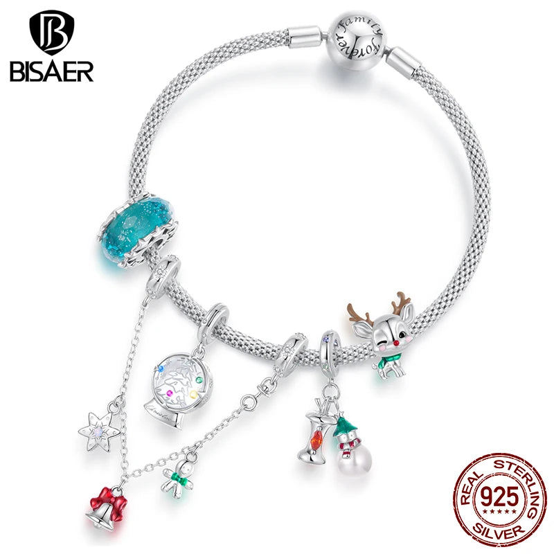 BISAER 925 Sterling Silver Christmas Series Charm Bead Crystal Ball Snowman Apple Safety Chain Fit Women DIY Bracelet Jewelry
