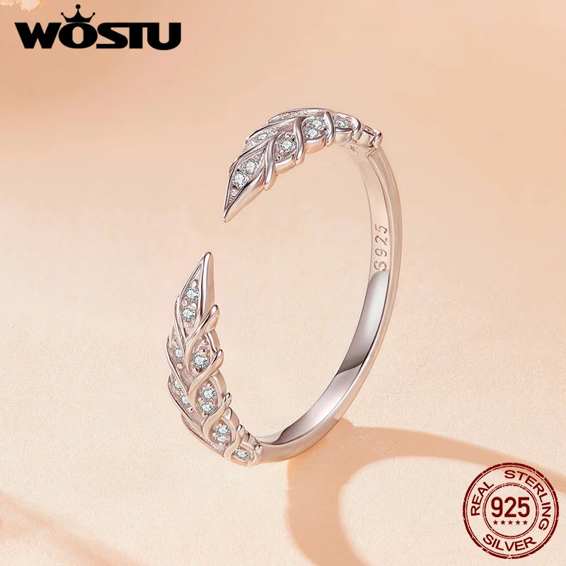 WOSTU 925 Sterling Silver AAA Zircon Wheat Opening Ring Hoop Earrings For Women Wedding Engagement Jewelry Set Fine Gift