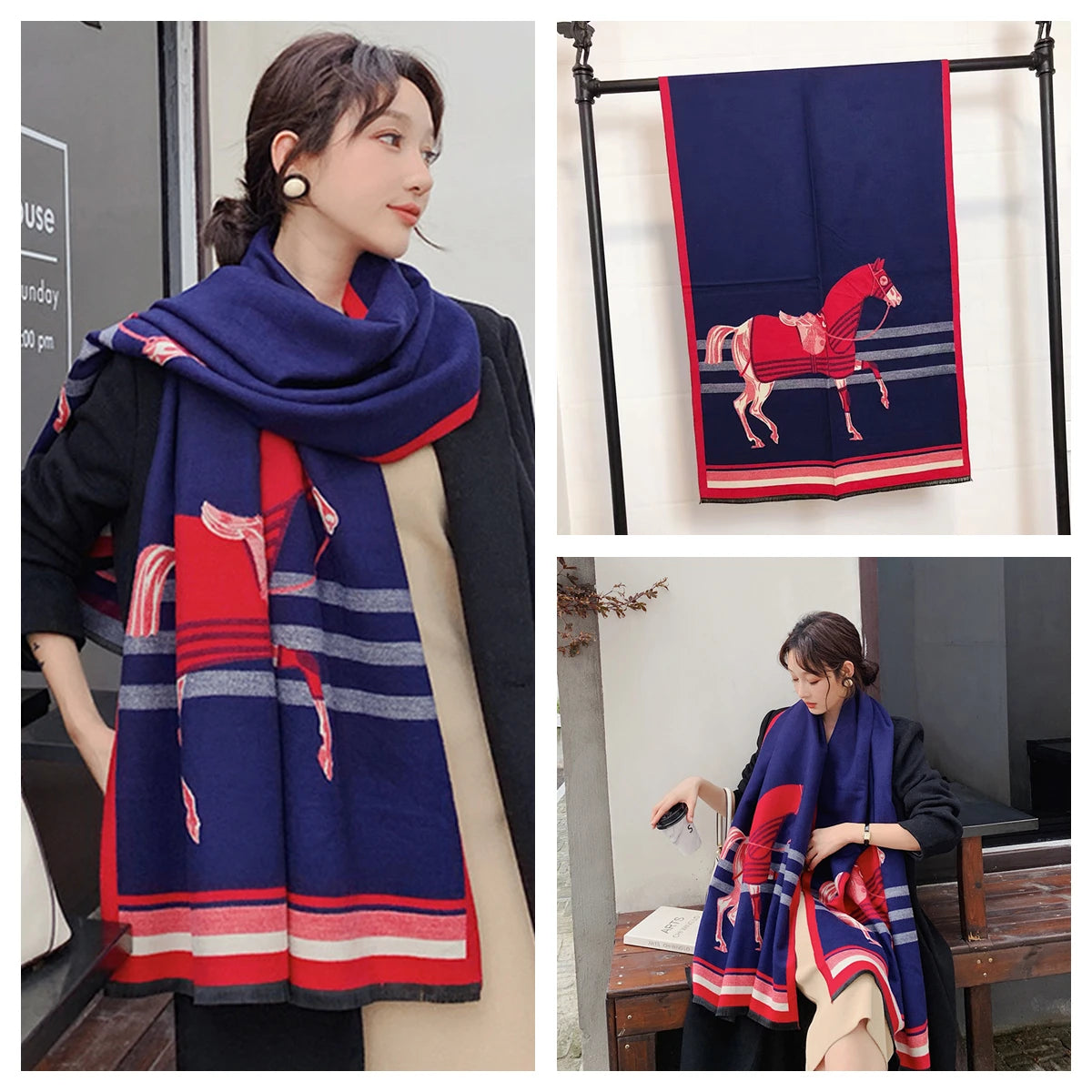Women's Autumn Winter Horse Pattern Scarf New Luxury Cashmere Feeling Large Blanket Wrap Soft Warm Brand Shawl Retro & Classical - Madeinsea©