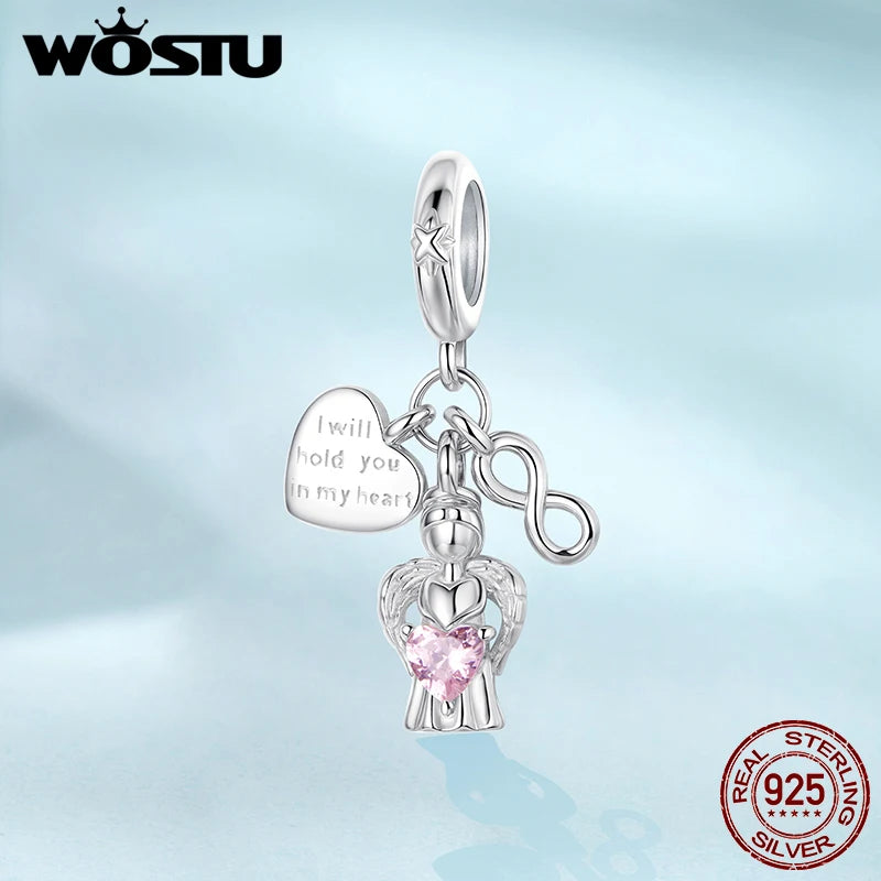 WOSTU Religious Series 925 Sterling Silver Prayer Charms Guardian Angel Pendant Red heart Bead Fit Bracelet DIY Jewelry Making