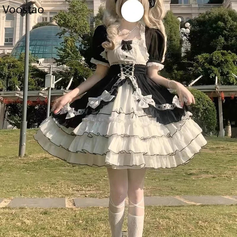 Victorian Vintage Lolita Dress Women Gothic Y2k Puff Short Sleeve Laminated Flounces Mini Dresses Bow Ruffles Princess Vestidos - Madeinsea©