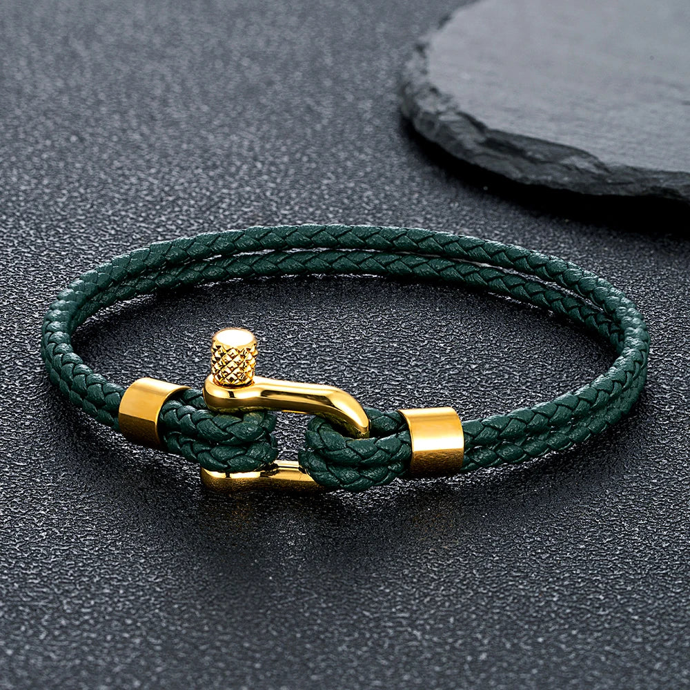 MKENDN Gold Plated Stainless Steel Shackle Bracelet Men Women Simple Double Layer Braided Blue Leather Bracelets Handmade Gifts