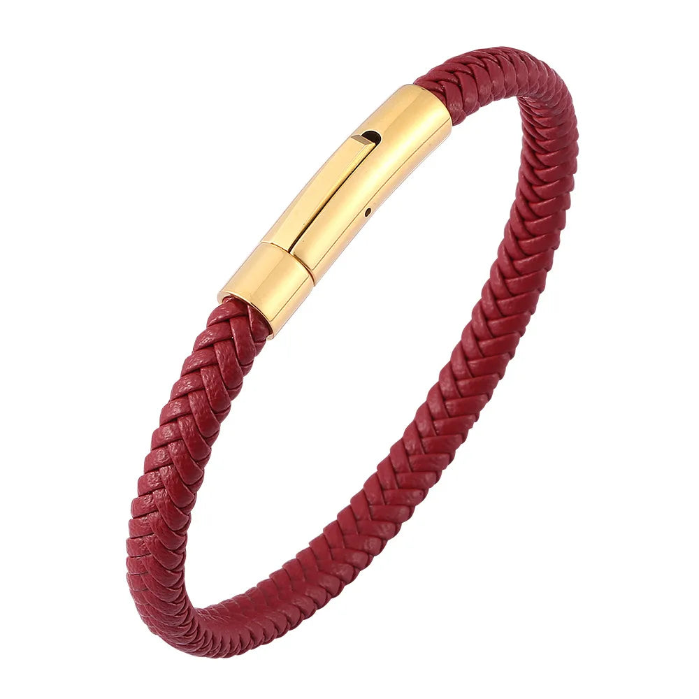 MKENDN Classic Men Women Stainless Steel Bracelet Wine Red Leather Braided Rope Male High Quality Black Button Jewelry Gifts - Madeinsea©