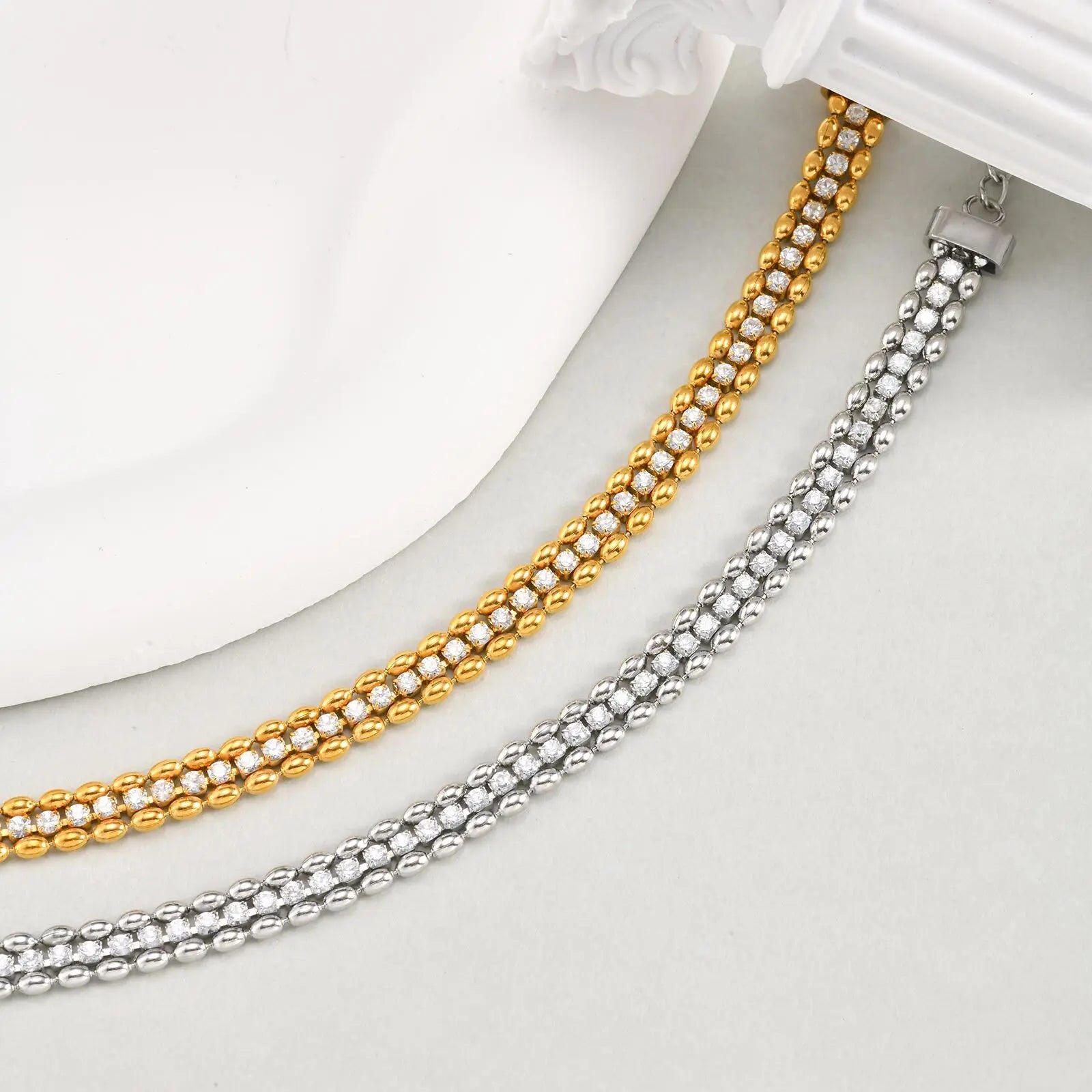 Vnox Women Gold Silver Color Woven Cubic Zirconia Bracelet,Stainless Steel Double Beads Chain Jewelry Accessories Charm Bracelet