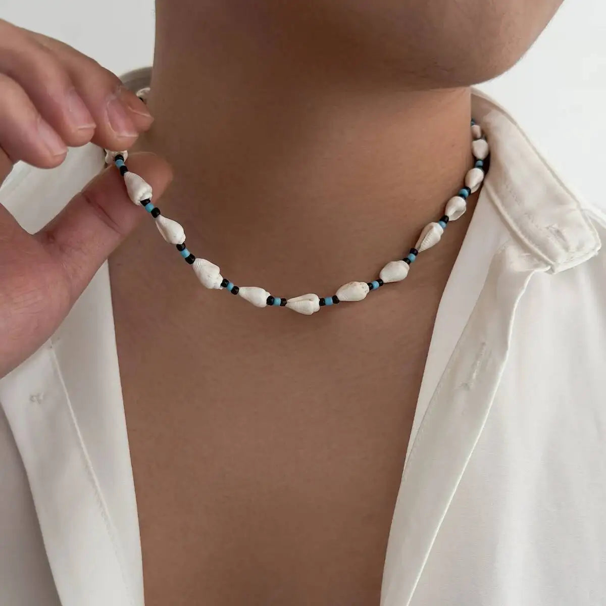 SHIXIN Boho Ethnic Wooden Bead Conch Chain Necklace Men 2026 Surfer Summer Ocean Beach Vacation Clavicle Chain Neck Jewelry Gift