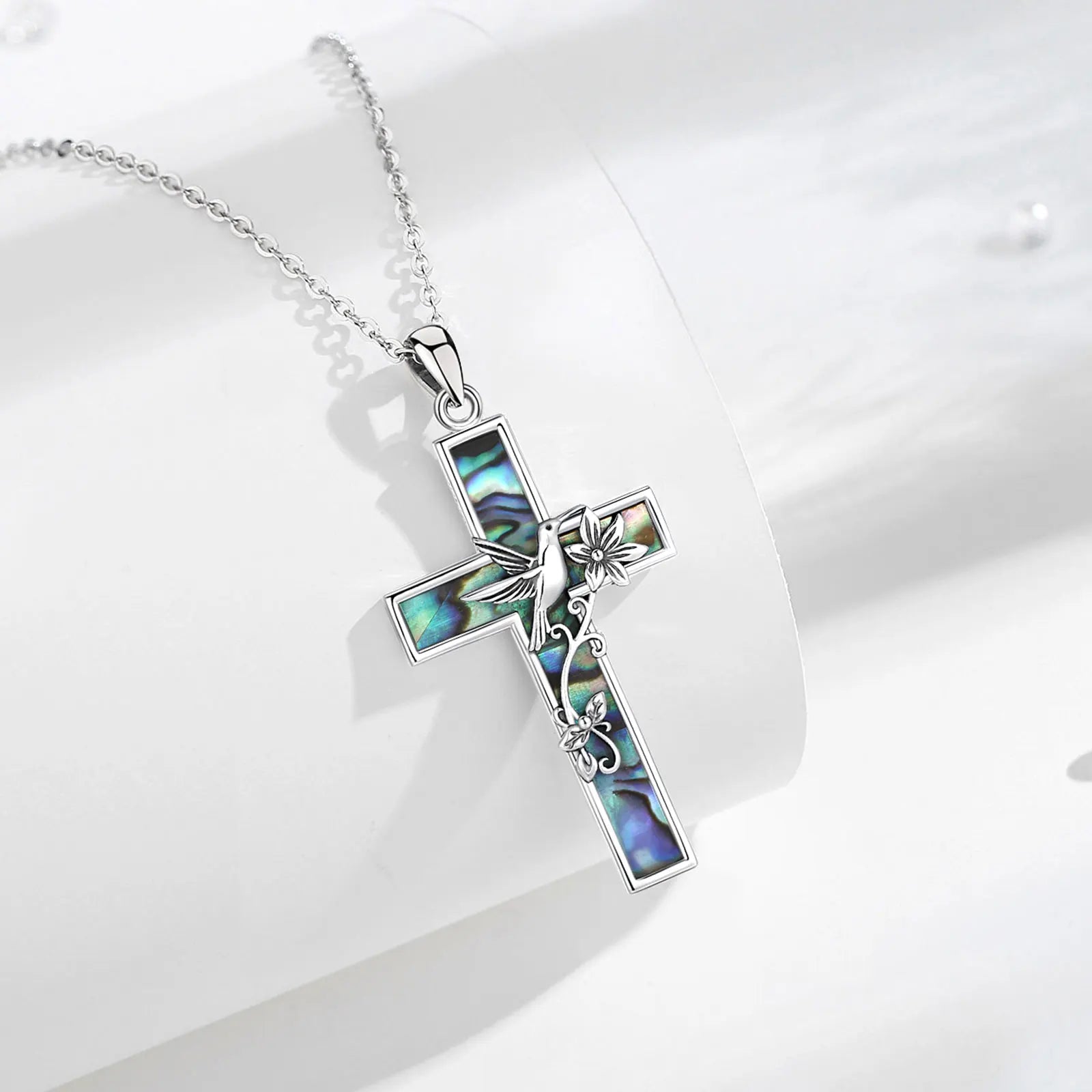 Collier croix colibri en argent sterling 925 Eudora pour femme et homme, pendentif en coquillage d'ormeau naturel, bijou religieux, cadeau raffiné