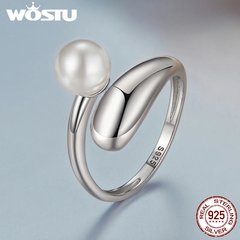 WOSTU Real 925 Sterling Silver Pearl Opening Ring Water Drop Adjustable Rings Girl Punk Party Jewelry Mother's Day Gift
