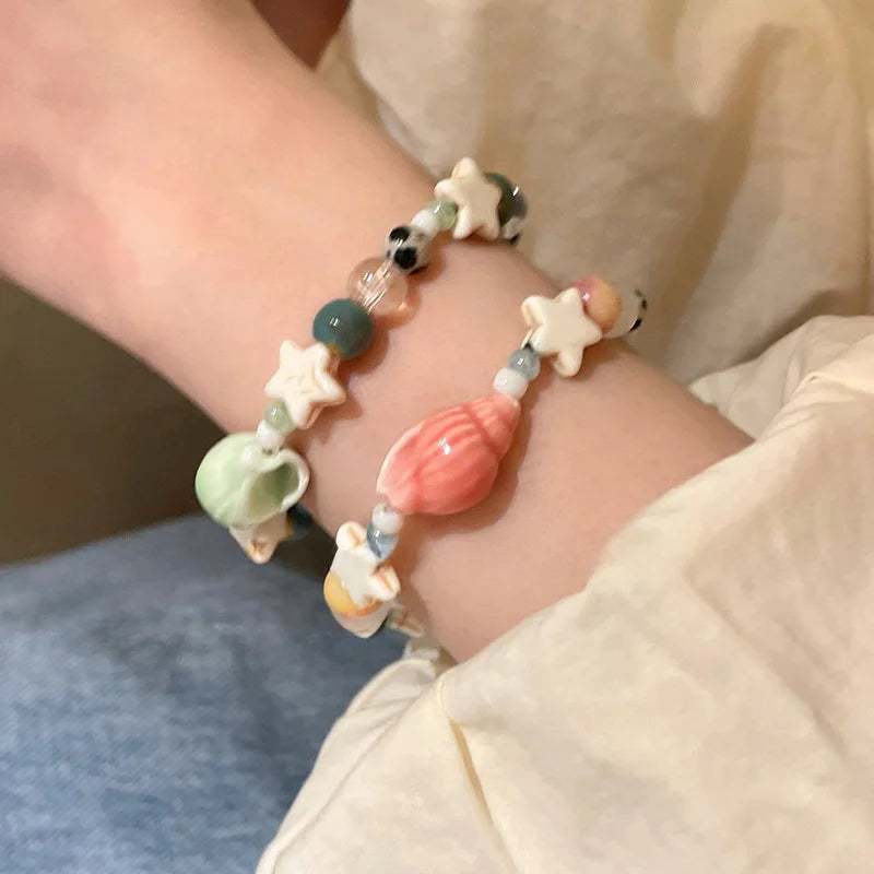 Handmade Ceramic Star Conch Bracelet For Women Girls Cute Cartoon Glass Acrylic Beaded Bangles Summer Beach Party Charm Jewelry