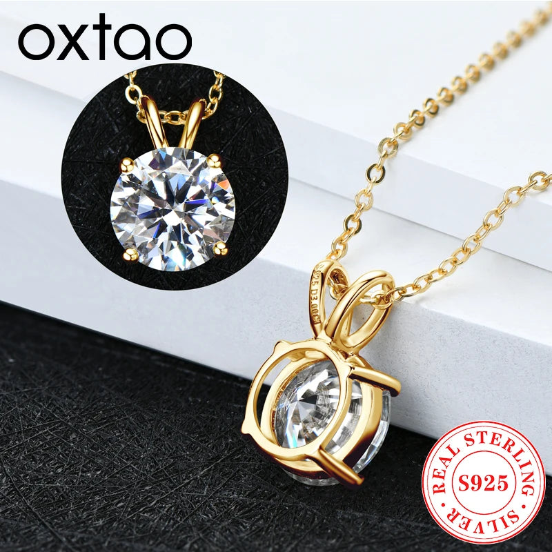 OXTAO Simple Four-Claw Pendant Necklace For Women Real 925 Silver 6.5mm D VVS1 Moissanite Clavicle Chain Necklace Jewelry Gift