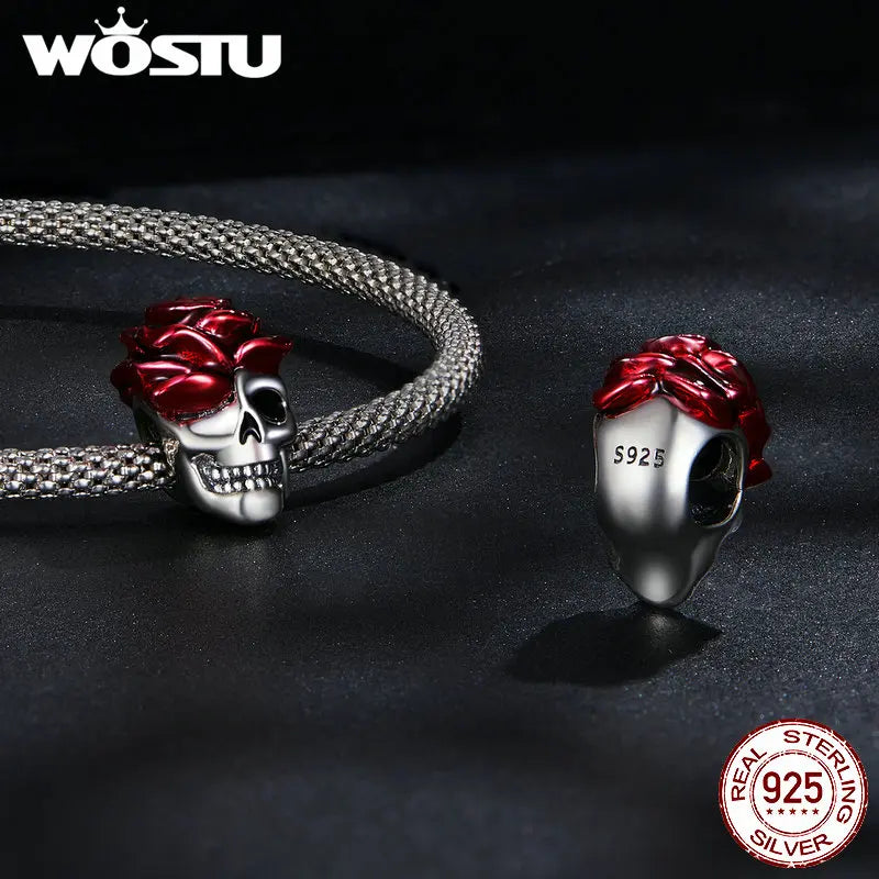 WOSTU 925 Sterling Silver Halloween Collection Red Rose Flower Skull Charms Black CZ Witch Bat Bead fit DIY Bracelet Bangle Punk