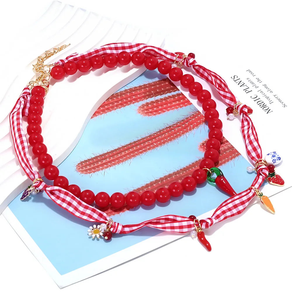 ZAA Sweet Handmade Multi-layer Beaded Strawberry Chili Choker Necklace