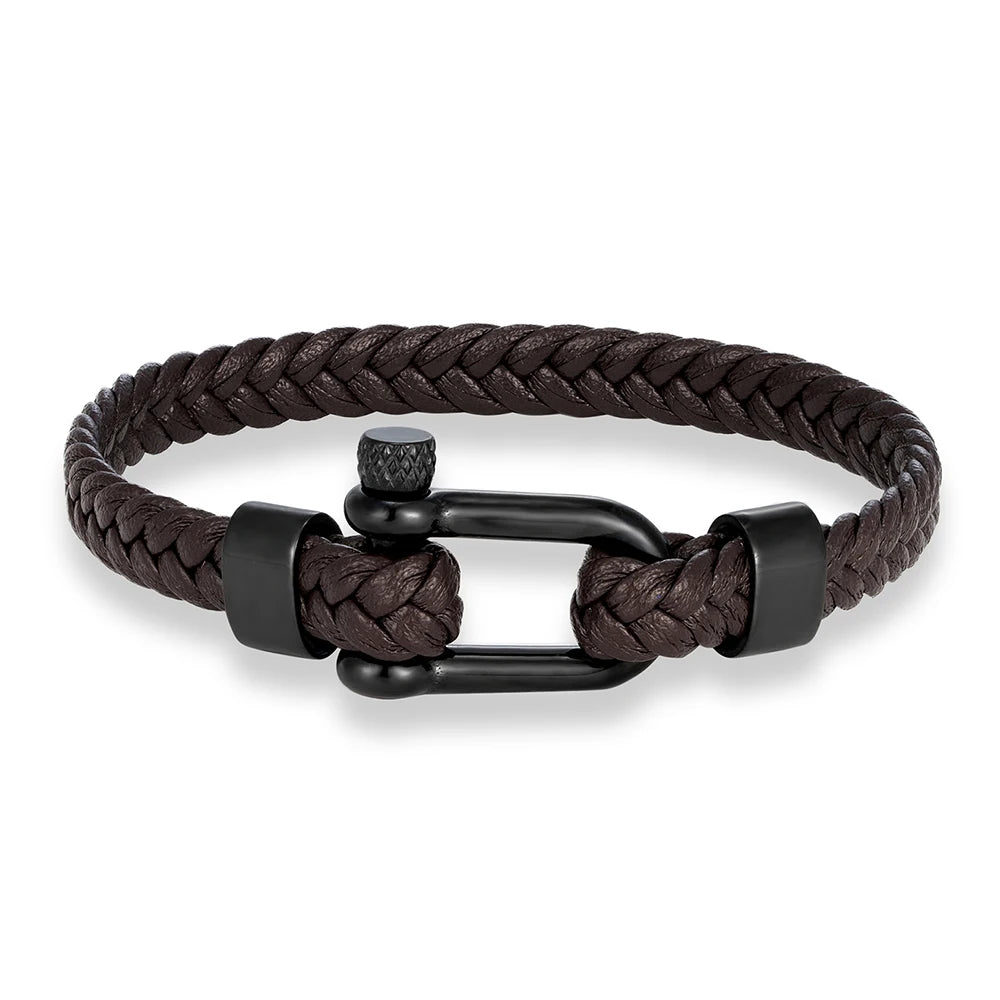 MKENDN Minimalist Nautical Style Braided Leather Bracelet Stainless Steel U-Shape Shackle Buckle Survival Jewelry For Men Women