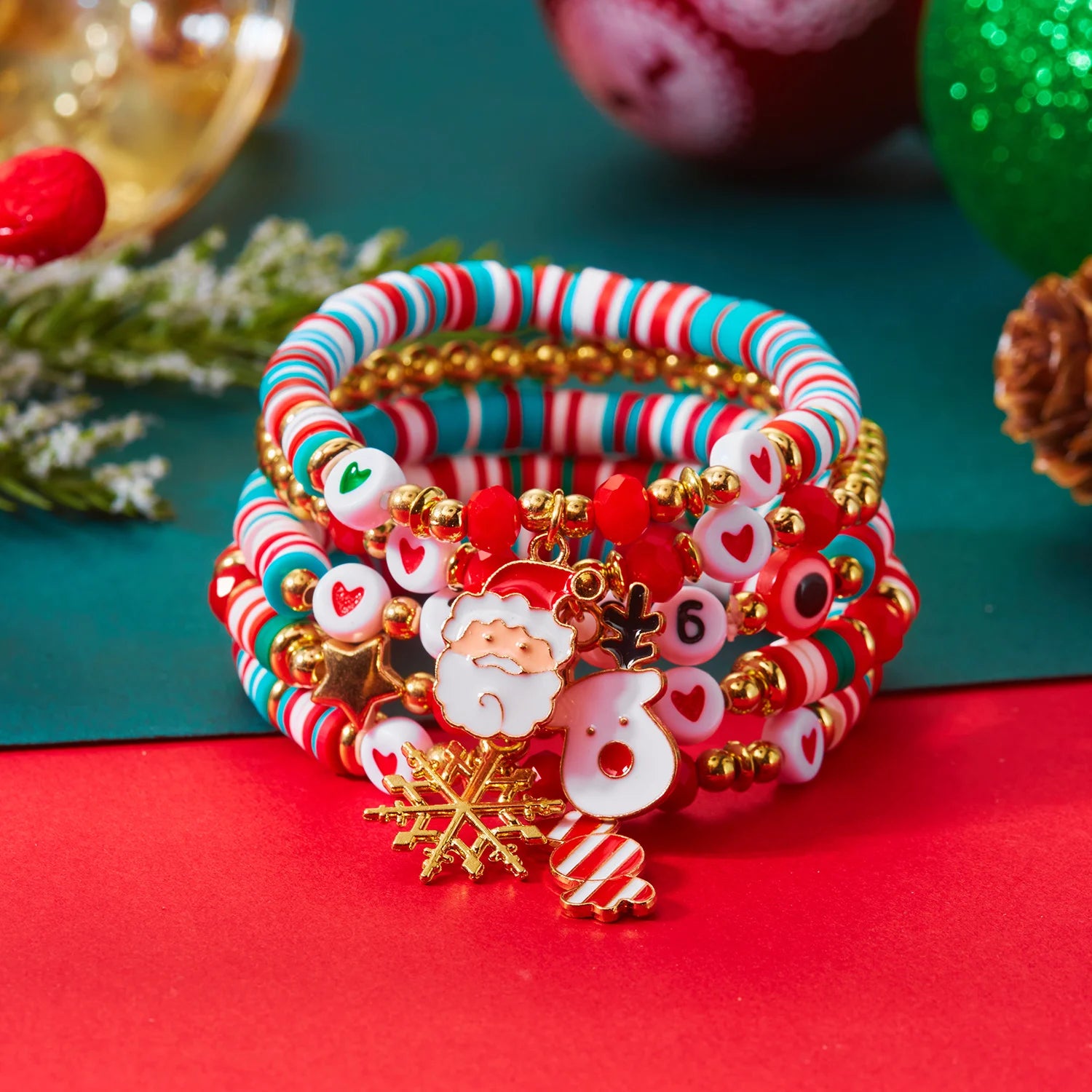 4Pcs/Set Christmas Tree Santa Claus Bracelet For Women Xmas Deer Snowflake Pearl Polymer Clay Beads Bracelets New Year Jewelry