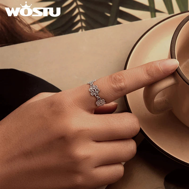 WOSTU 925 Sterling Silver Vintage Flower Opening Ring , Women Hollow Lace Flowers Adjustable Party Rings Statement Jewelry Gift