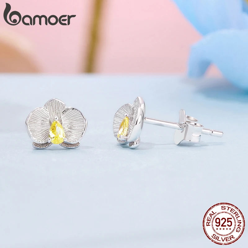 BAMOER Solid 925 Sterling Silver Phalaenopsis Stud Earrings for Women Teens Hypoallergenic Cute Dainty Flower Stud Earrings