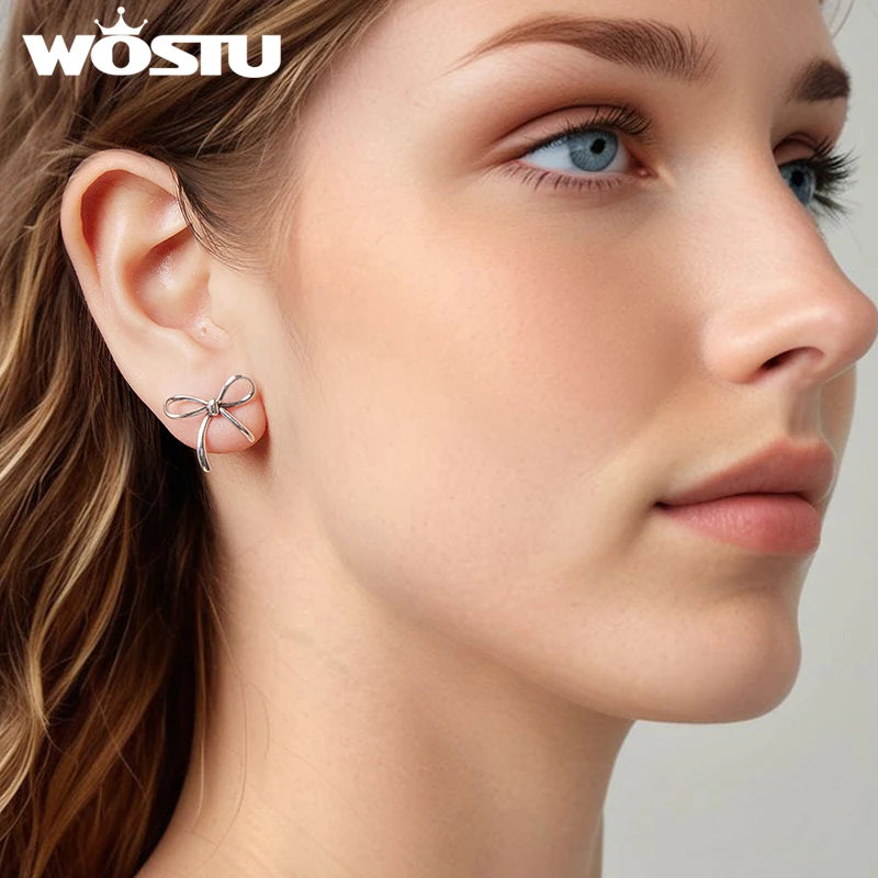 WOSTU Real 925 Sterling Silver Big Bow Stud Earrings For Women Wedding Party Jewelry Bowknot Ear Studs Girl Birthday Gift 18mm