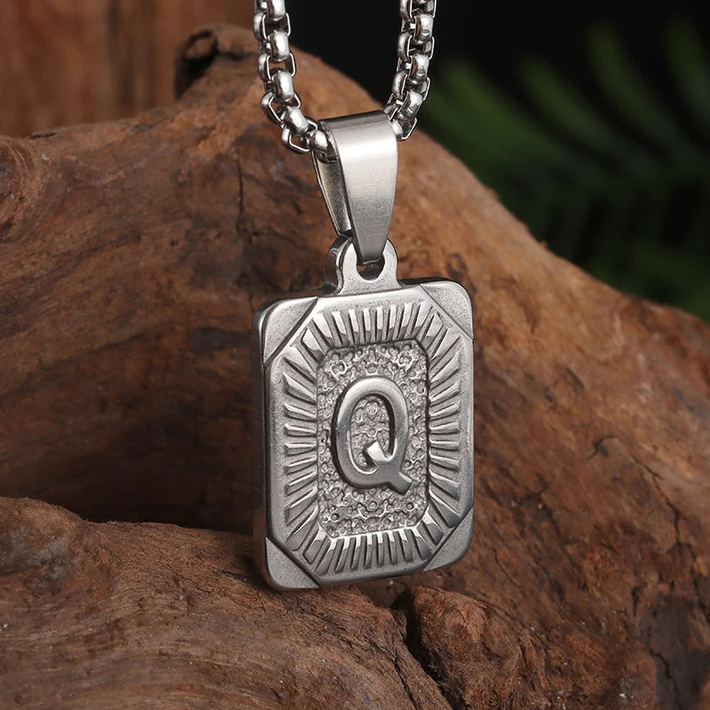 Initial A-Z Square Stainless Steel Pendant Necklace