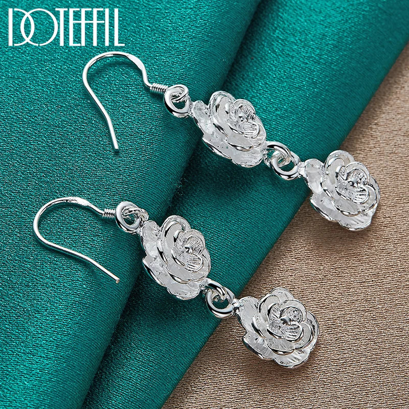 DOTEFFIL 925 Sterling Silver Rose Flower Drop Earrings For Woman Wedding Engagement Fashion Party Charm Jewelry