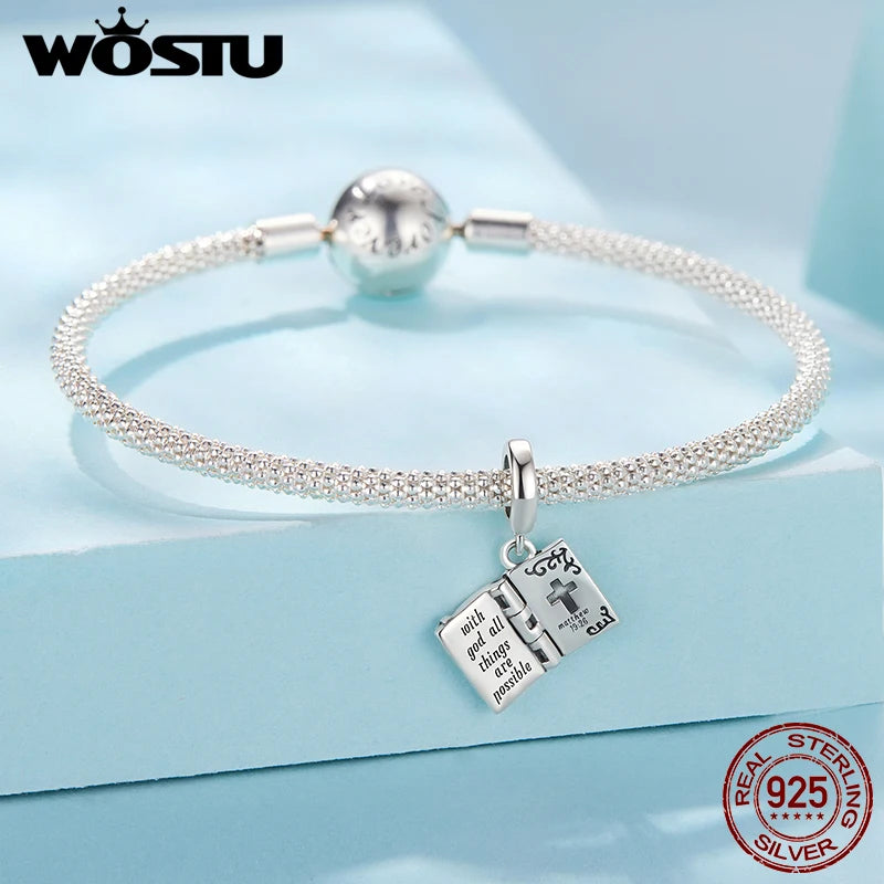 WOSTU 925 Sterling Silver Religious Openable Bible Book Charm Cross Faith Pendant Celtic Knot bead Fir Bracelet DIY Family Gift