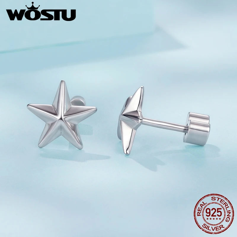 WOSTU Solid 925 Sterling Silver Star Stud Earrings For Women, s925 European Simple Geometric Ear Studs Original Jewelry Gift