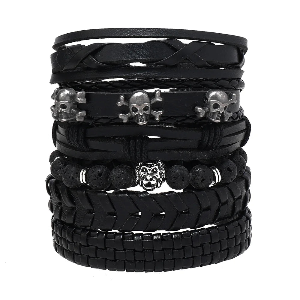 Fashion Black Skull Multi-layer Beaded Hand Leather Bracelet for Men Set Adjustable DIY Leather Winding Hand Rope