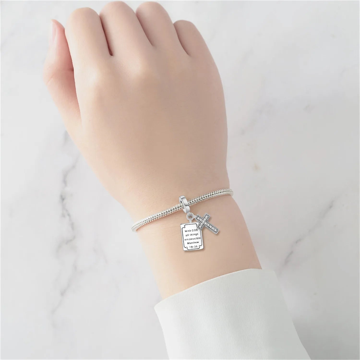 PANPOKI 925 Sterling Silver Biblical Cross Religious Symbol Beads Original Pendant Bracelet Charm Jewelry Party DIY Trendy Gift