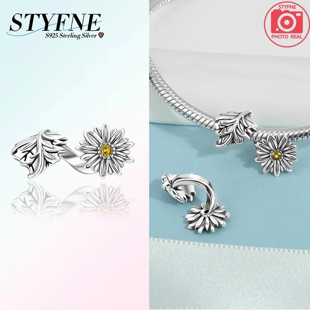 S925 Sterling Silver Flower with Various Shapes Sparkling Zircon Sunflower Charms Beads Fit Original Bracelets DIY Jewelry