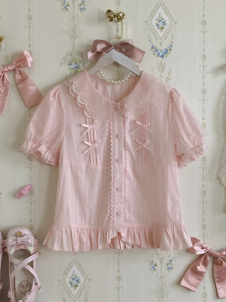 Sweet Lolita Blouses Girly Japanese Kawaii Bow Lace Peter Pan Collar Puff Sleeve JK Shirts Women Cute Princess Tops Blusas Mujer
