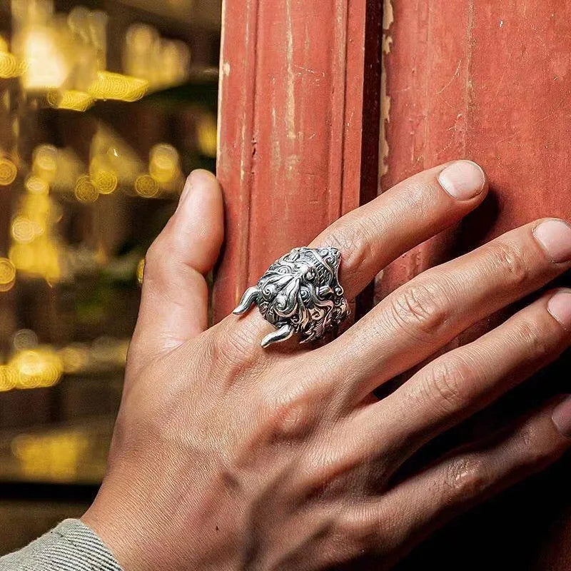 Retro Mahakala Mask Ring For Men Silver Color Punk Gothic Rock Hiphop Adjustable Open Ring Handmade Jewelry Biker Accessories