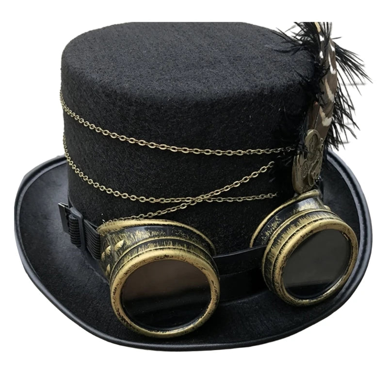 Steampunk Top Hat Wool Felt Victorian Hat with Goggles & Feather Unisex Costume Top Gothic Hippies Cosplay Props