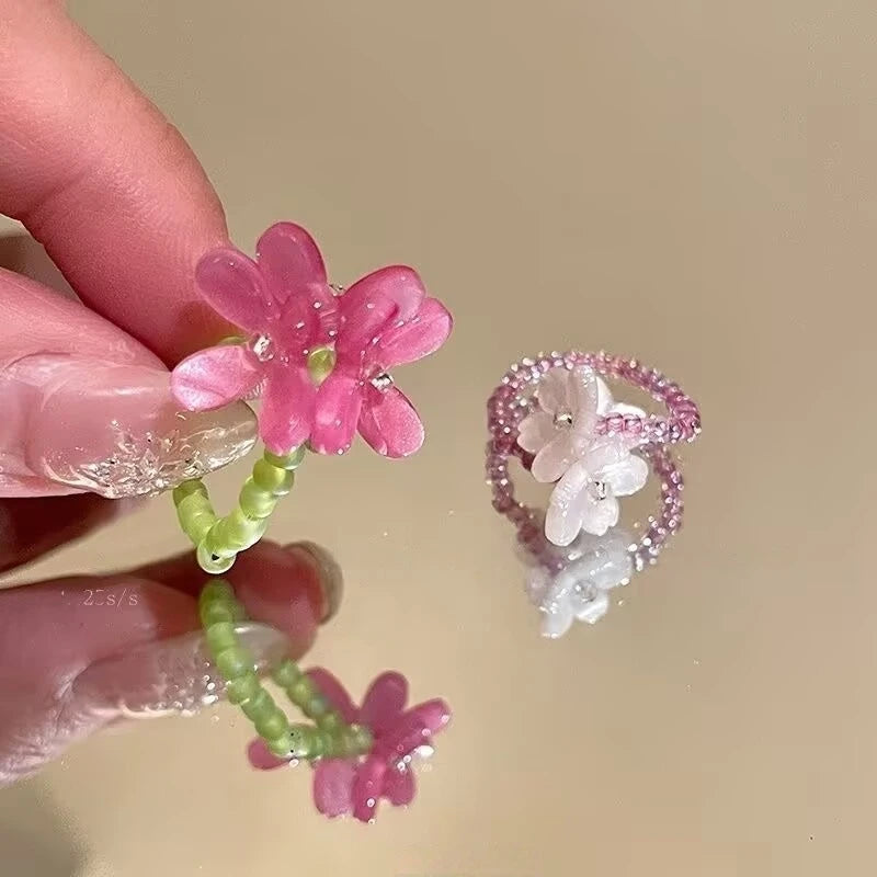 New Romantic Cute Violet Flower Ring For Women Sweet Floral Elastic Beaded Finger Ring Girls Party Festival Jewelry Accessories