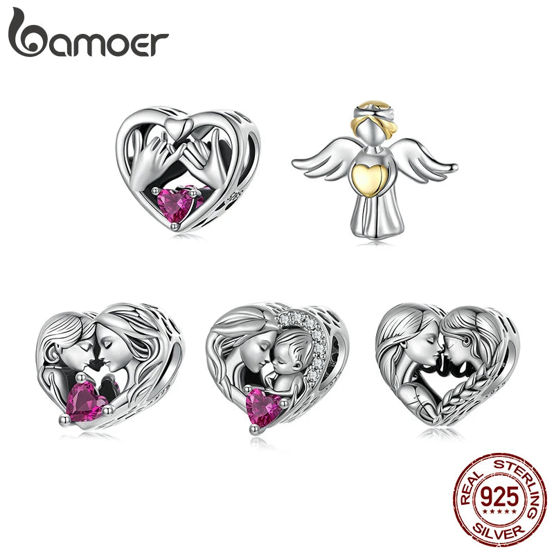 BAMOER 2025 Family Series 925 Sterling Silver Sister Mother Charm fit Original Bracelet DIY Jewelry Accessories Heart Beads