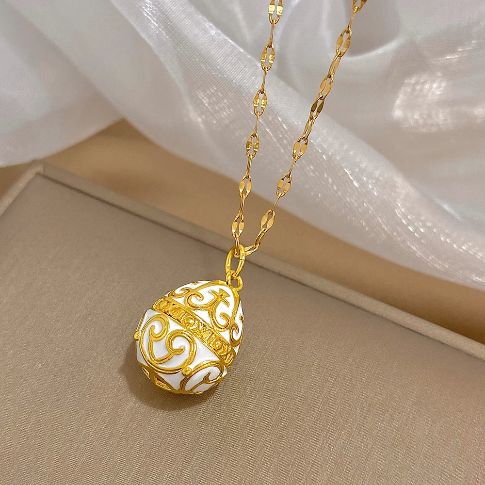 AENSOA Colorful Enamel Easter Egg Pendant Necklaces for Women Guilloche Locket Egg Rhinestone Charm Necklace Gold Color Jewelry