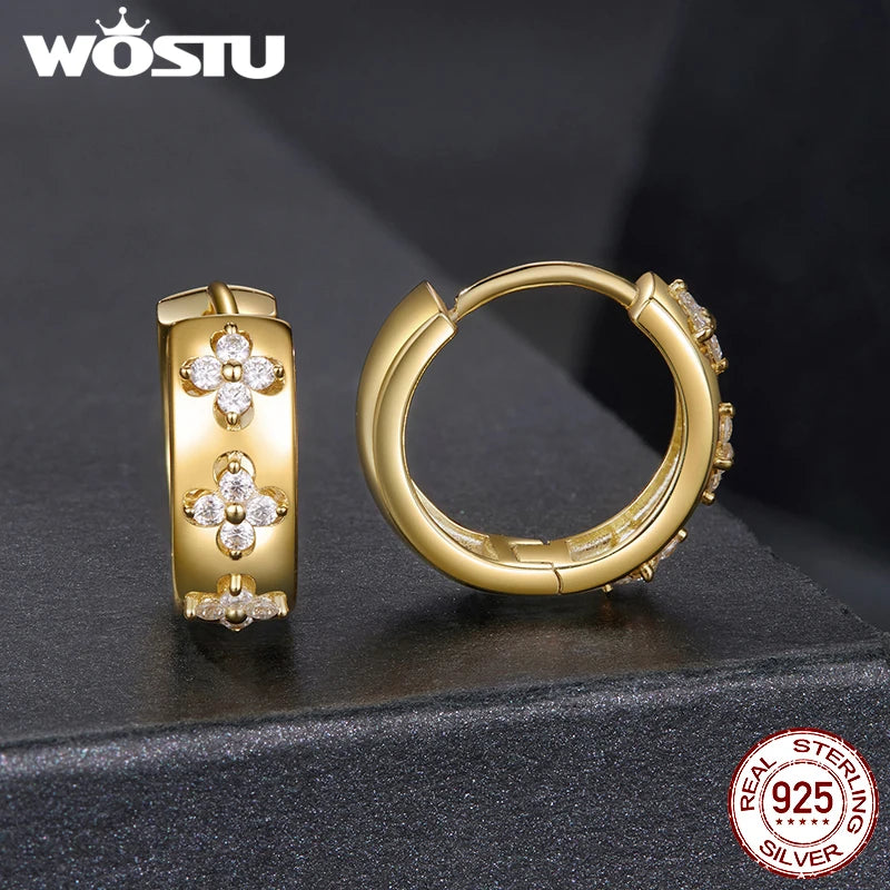 WOSTU Moissanite Clover Hoop Earrings Engagement Ring for Women, 925 Sterling Silver Gold Clover Jewelry Set Xmas New Year Gift