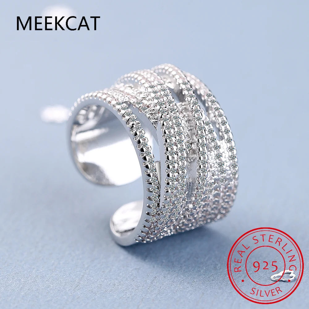 Bague en argent sterling 925 et moissnaïte pour femme, ornée d'une vague, sertie de diamants de laboratoire scintillants et de plusieurs couches. Bague large pour doigt.