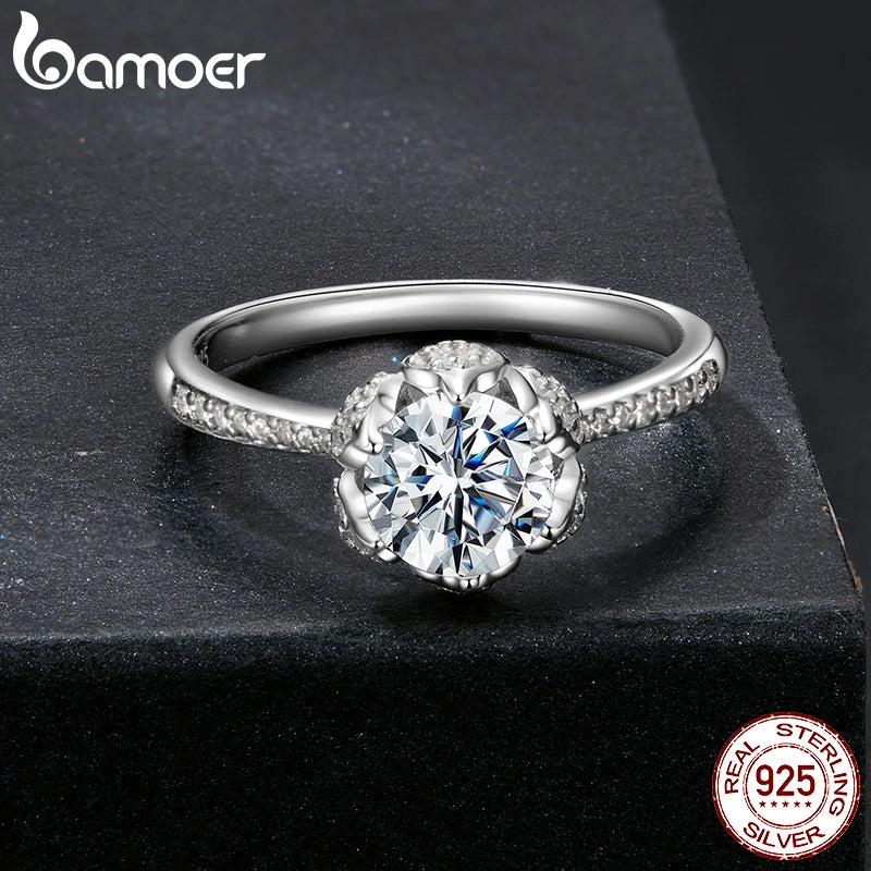 Bamoer 1CT Moissanite Flower Bud Ring Channel Set 925 Sterling Silver for Women Wedding Jewelry Gift D Color VVS1 EX Lab Diamond
