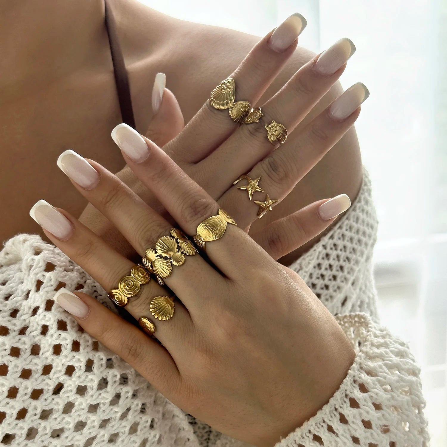 Vintage Gold Color Starfish Shell Rings for Women Stainless Steel Ocean Series Flower Stars Whale Adjustable Finger Ring Jewelry