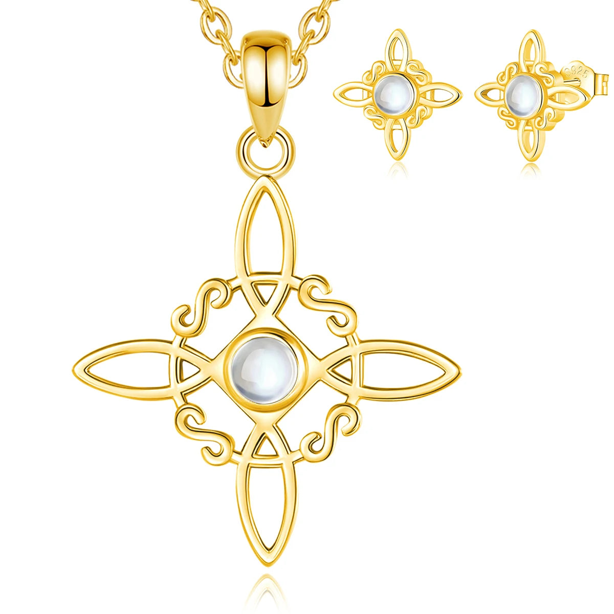 Eudora 925 Sterling Silver Witches Knot Necklace & Earrings 18K Gold Plated Moonstone Celtic Knot Wicca Jewelry Set Women Gift