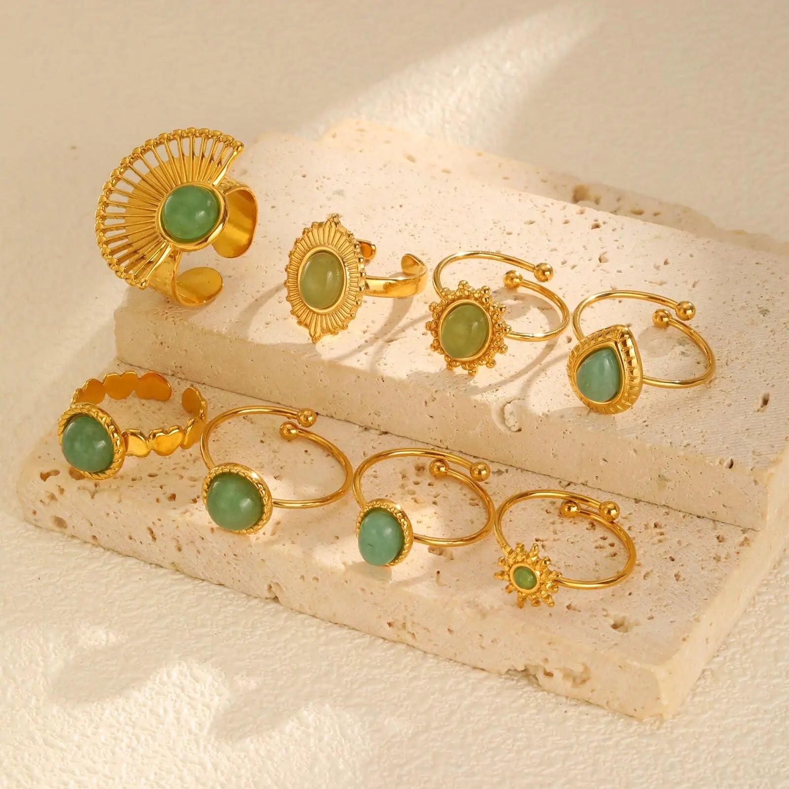 Vnox Elegant Natural Stone Stainless Steel Rings Fashion Colored Pearl Opal Turquoise Rings For Women Retro Waterproof Jewelry