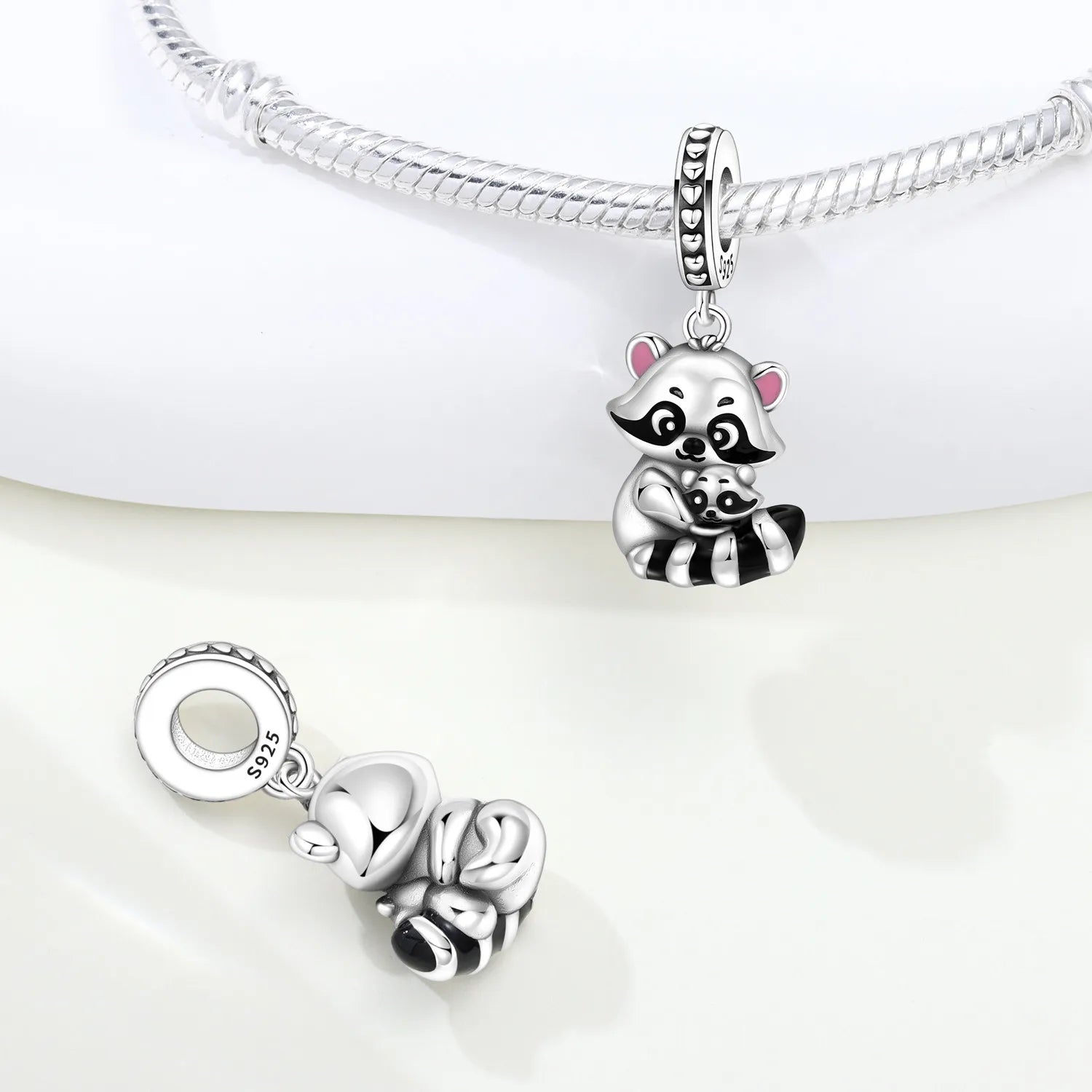 PANPOKI 925 Sterling Silver Cute Raccoon Mother Child Animal Beads Original Pendants Bracelet Charm Jewelry Party DIY Gifts