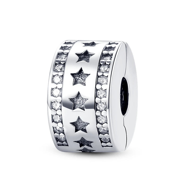 Silver Charm 925 Sterling Silver Clip Charms Safety Chain Charm CZ pave Round Clip Beads Fit Original Bracelet Jewelry Making