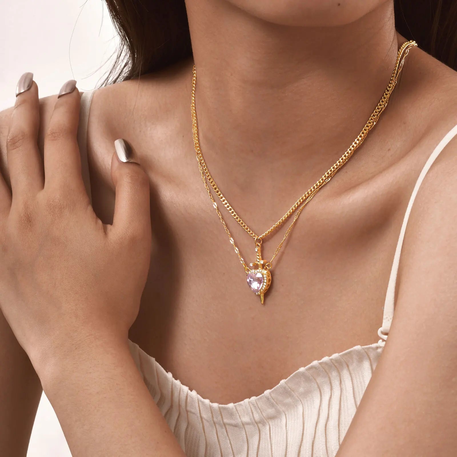 Vnox 2pcs Pendant Necklace For Women Men Zircon Heart And Sword Can Assemble Love Couple Gold Plated Choker Charm Jewelry Gifts